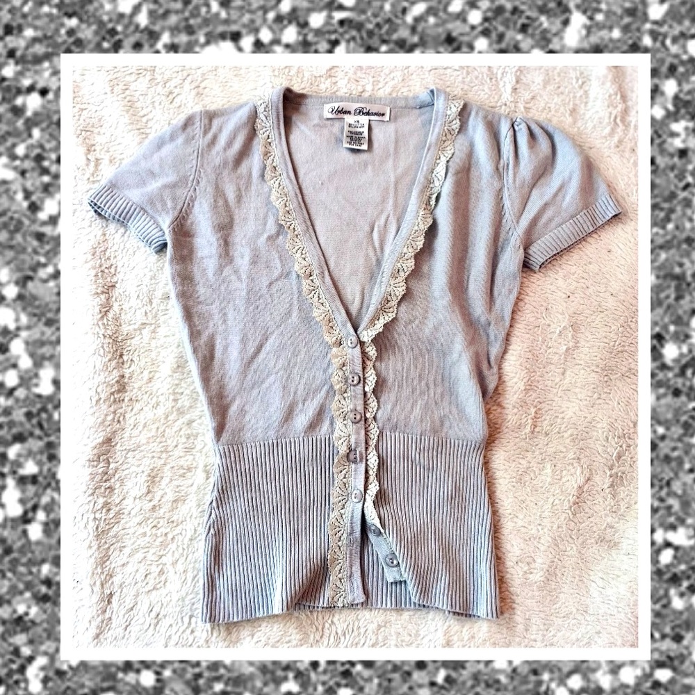 Silver Cap Sleeve w/ Lace Trim Cardigan